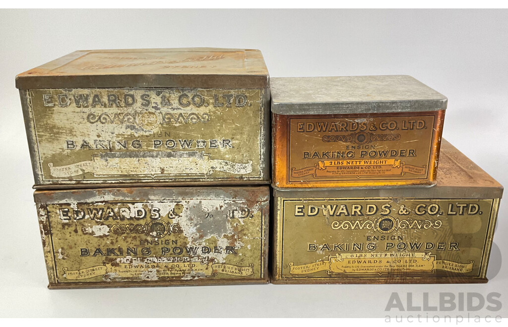 Collection of Vintage Australian Tins and Bottles Including Edwards & Co Baking Powder, Town Talk Tabacco, Milo, Angiers Emulsion with 1979 Mackie Bread Baking Tins