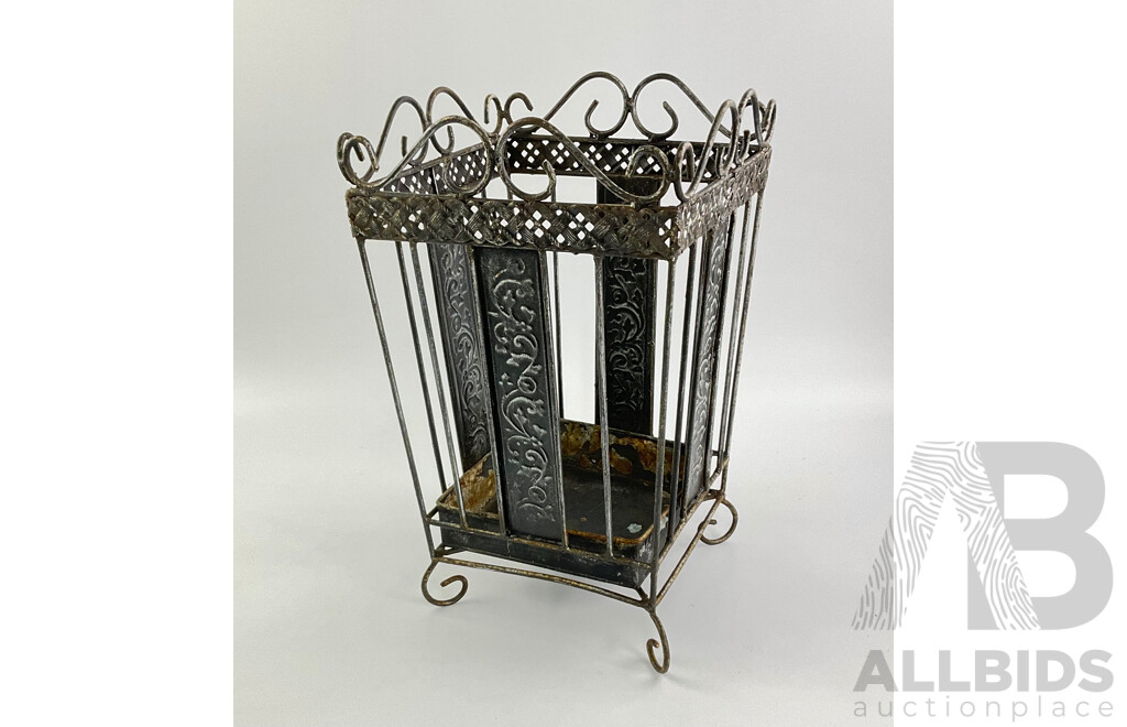 Vintage Iron Umbrella Stand with Stamped Scroll Pattern and Removable Drip Tray