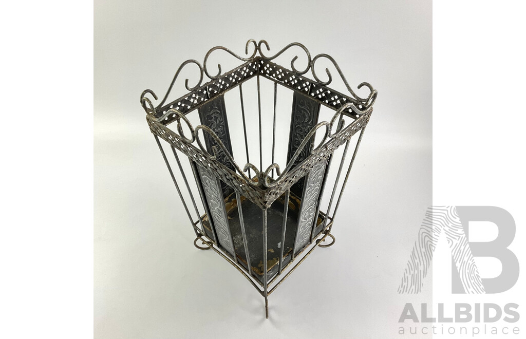 Vintage Iron Umbrella Stand with Stamped Scroll Pattern and Removable Drip Tray