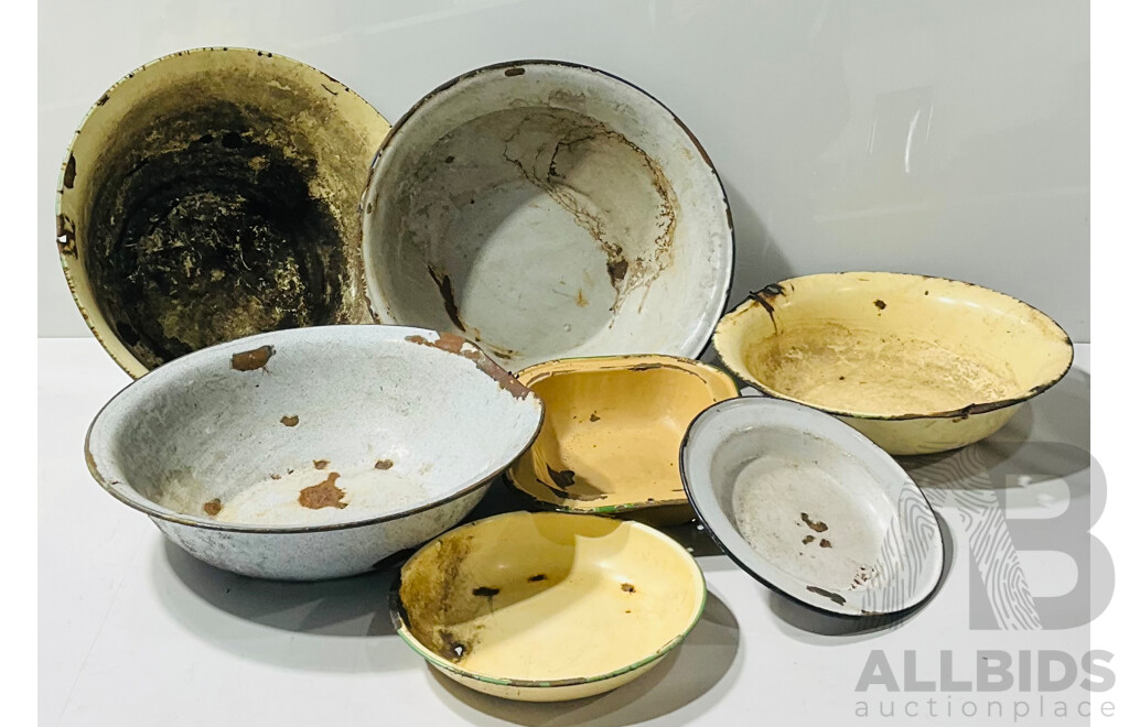 Collection of Vintage Enamel Bowls and Plates of Varying Sizes and Shapes