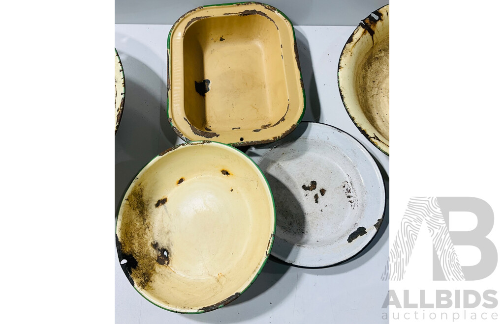 Collection of Vintage Enamel Bowls and Plates of Varying Sizes and Shapes