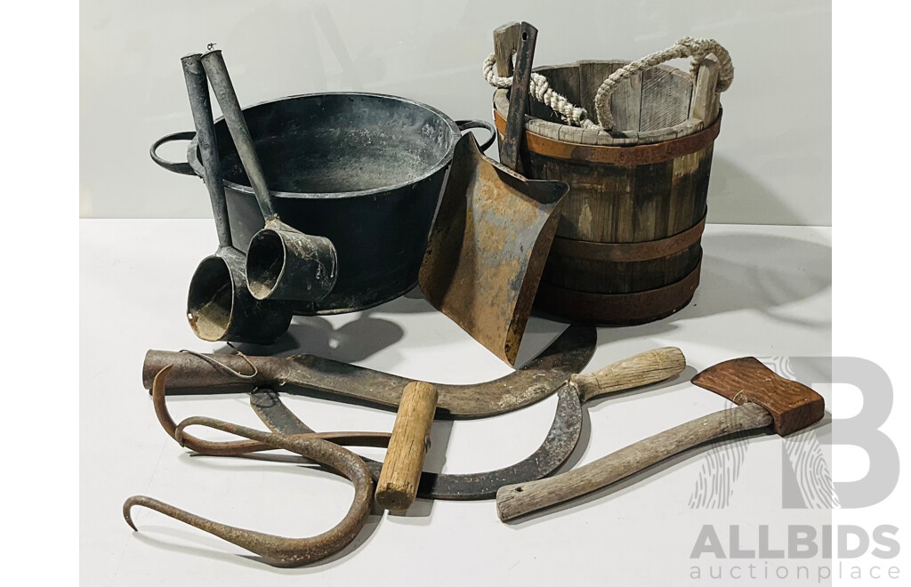 Collection of Vintage Farming Hand Tools Including Bail Hooks Beveridge Coopers Wooden Pail, A.W. Wills Sickle and More