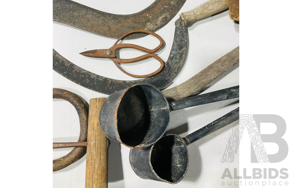 Collection of Vintage Farming Hand Tools Including Bail Hooks Beveridge Coopers Wooden Pail, A.W. Wills Sickle and More