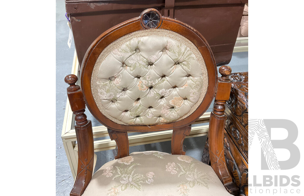 Antique Nursing Chair with Carved Cedar Frame and Floral Upholstery