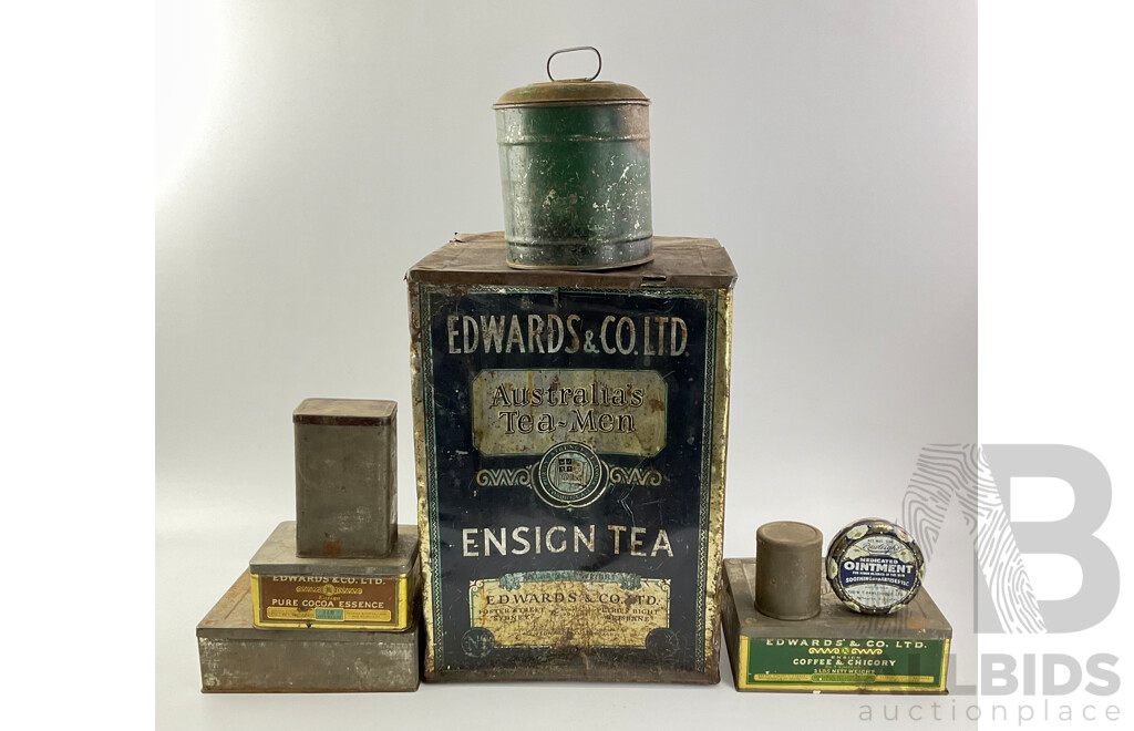 Collection of Vintage Australian Tins Including Edwards & Co Australia’s Men Ensign Tea, Pure Cocoa Essence, Coffee and Chicory and Rawleighs Medicated Ointment