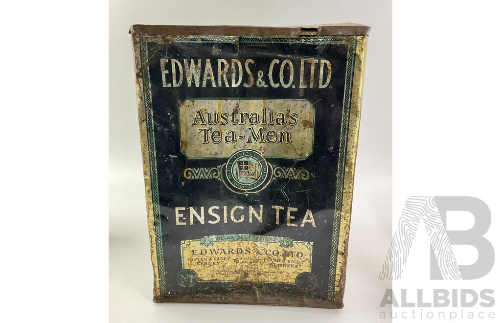 Collection of Vintage Australian Tins Including Edwards & Co Australia’s Men Ensign Tea, Pure Cocoa Essence, Coffee and Chicory and Rawleighs Medicated Ointment
