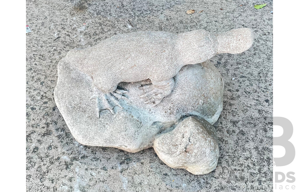 Vintage Concrete Garden Ornament Platypus and Lizard on Rocks