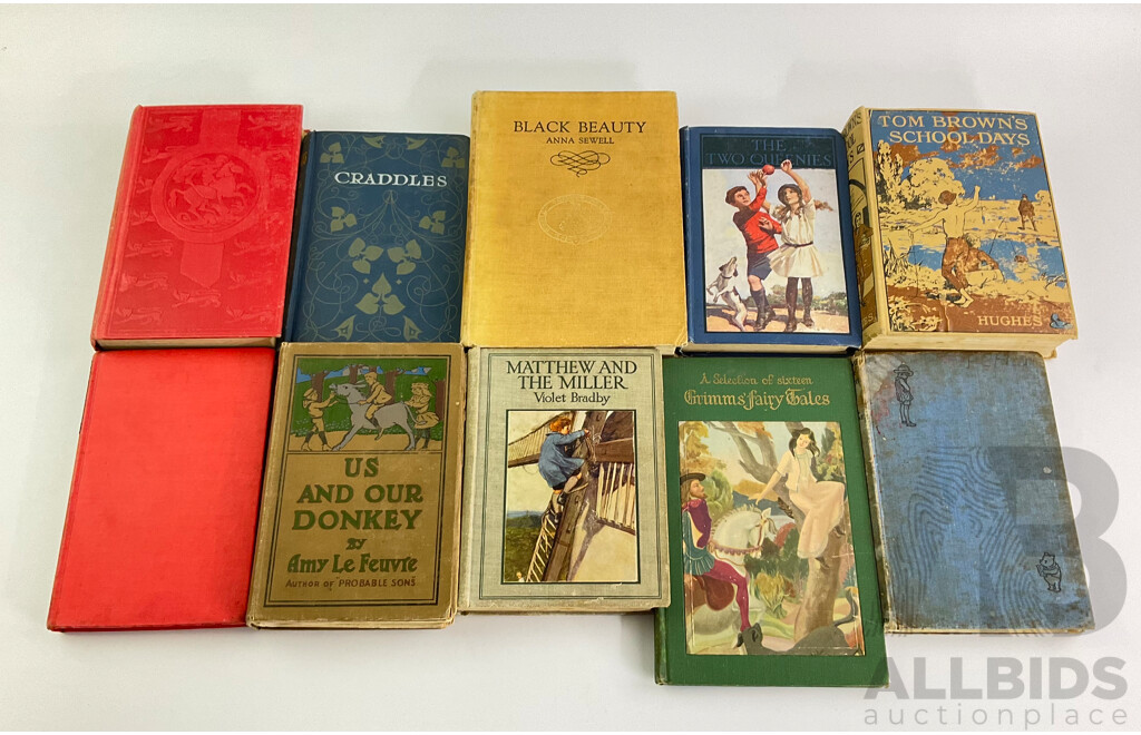 Selection of Vintage Clothbound Hard Cover Books Including 1937 A.A Milne - Winnie the Pooh, 1954 Anna Sewell - Black Beauty, Amy Le Feure - Us and Our Donkey, Violet Bradby - Matthew and the Miller, a Selection of Grimms Fairy Tales and More