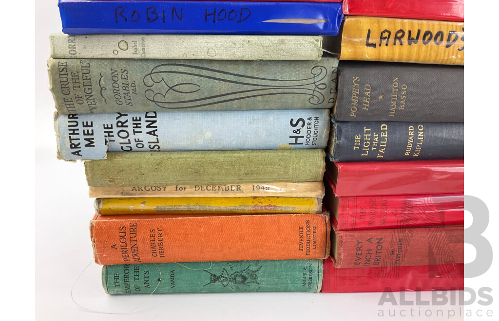 Collection of Vintage and Antique Hard Cover Books Including Robin Hood, a Perilous Adventure, the Light That Failed, a Deal with the Devil, M'Glusky, Please Don't Eat the Daisies, Treasure Island, First Editions.....