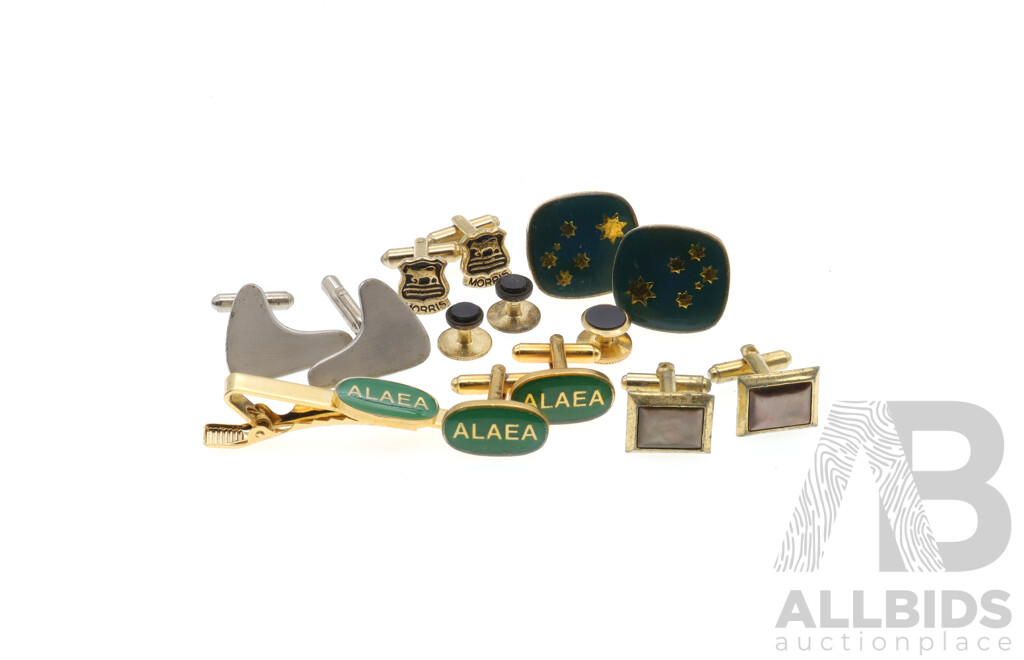 Vintage Morris Minor Cufflinks with a Collection of Other Cuff Links Including Australian Licensed Aircraft Engineers Association (ALAEA) Cufflinks and Tie Bar