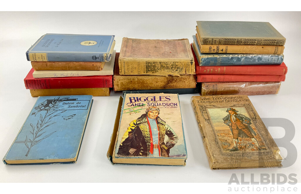 Collection of Antique and Vintage Hard Cover Books Including Rob Roy and Quentin Durward by Sir Walter Scott, Donald Ross of Heimra by William Black, the Wonderful Voyages of Gulliver 1921,  the Ironmaster by Georges Ohnet....