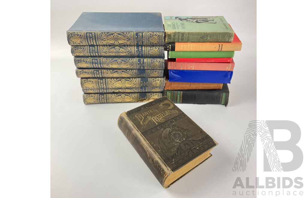 Collection of Antique and Vintage Hard Cover Books Including First Edition Pastoral, Nevil Shute 1944, Cassell's Book of Knowledge, Thoughts on Daniel and the Revelation, Uriah Smith 1890, the Heart of the Hunter.....