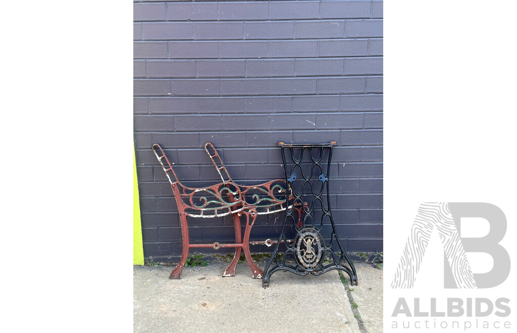 Vintage Singer Sewing Machine Table Cast Iron Legs and Garden Bench Seat Ends