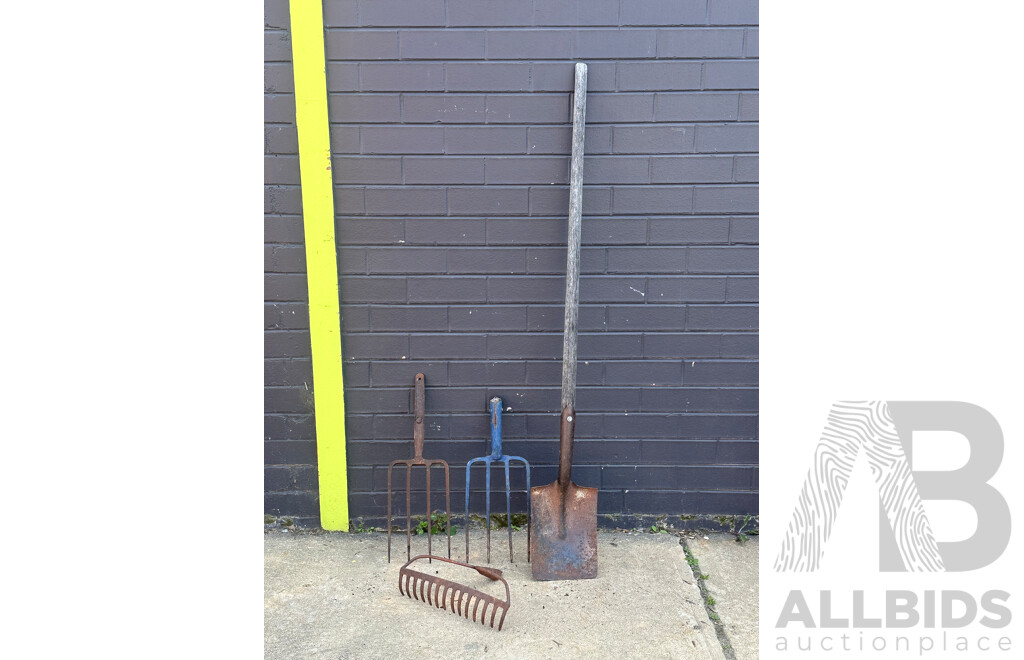 Vintage Cyclone Shovel, Pitchforks, Birdfeeder, Tree Protector and More