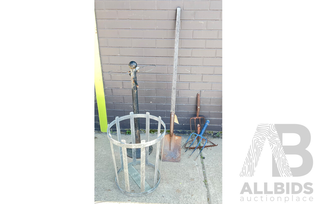 Vintage Cyclone Shovel, Pitchforks, Birdfeeder, Tree Protector and More