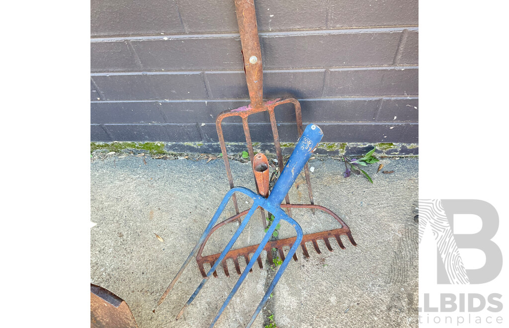 Vintage Cyclone Shovel, Pitchforks, Birdfeeder, Tree Protector and More