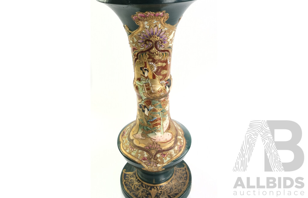 Antique Japanese Jardiniere Stand with Gilt Highlights, Raised Moriage Detail of Women in Kimonos, Late 19th Centuary