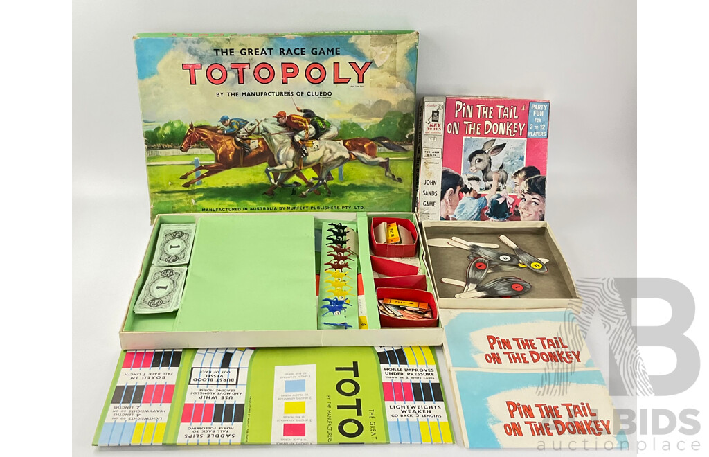 Vintage Australian Board Games Including Murfett Totopoly and John Sands Pin the Tail on the Donkey