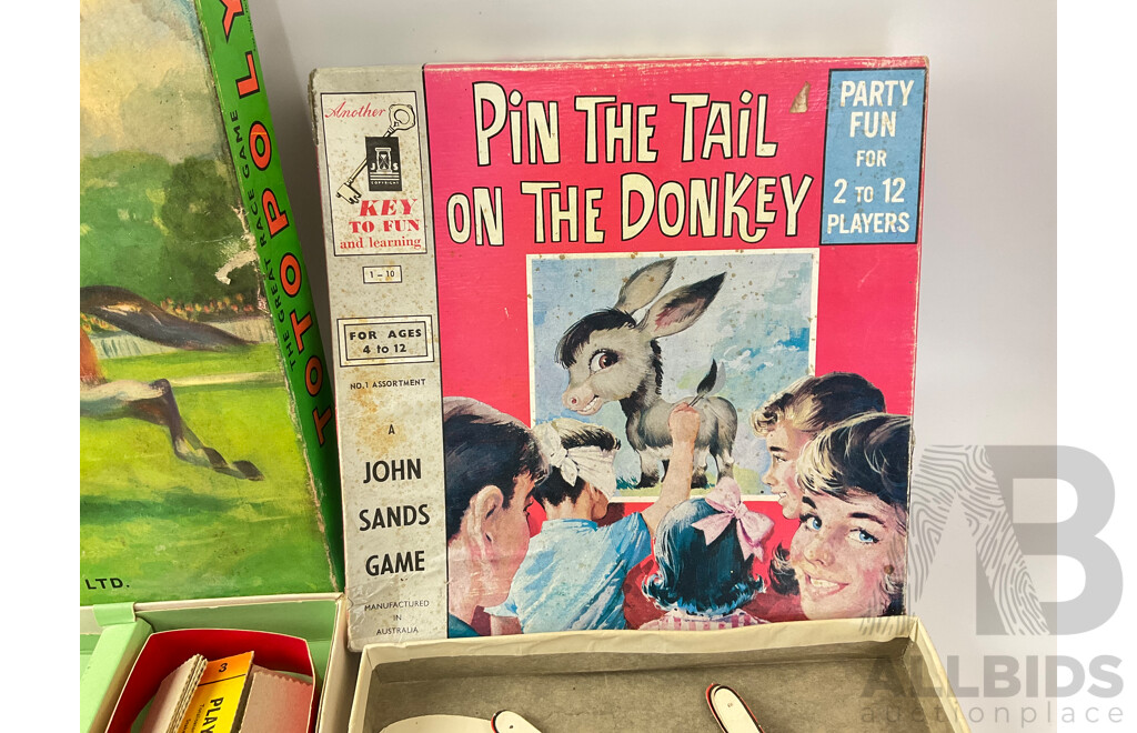 Vintage Australian Board Games Including Murfett Totopoly and John Sands Pin the Tail on the Donkey