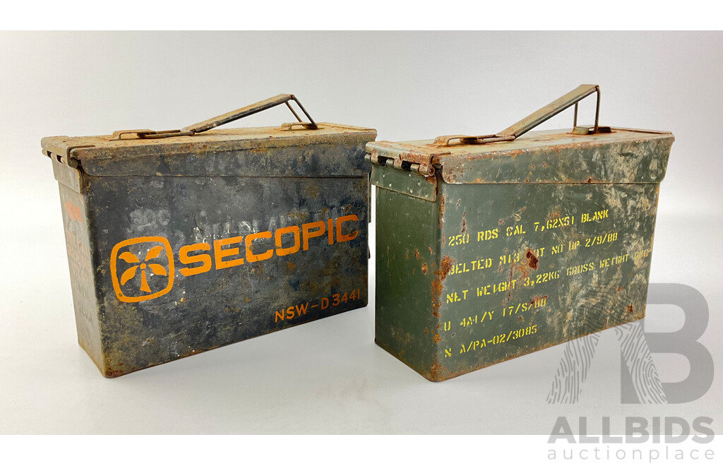 Vintage Steel Ammunition Boxes Including Secopic and Military Issue