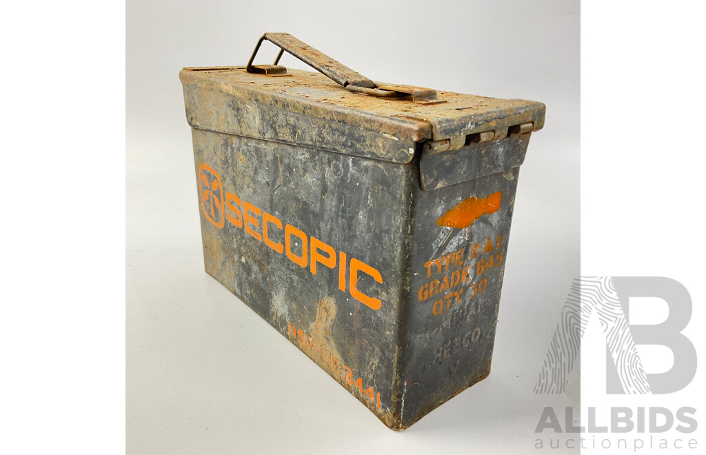 Vintage Steel Ammunition Boxes Including Secopic and Military Issue