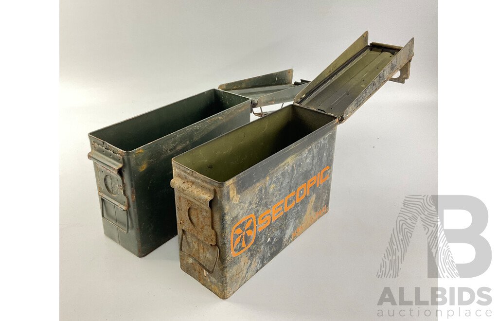 Vintage Steel Ammunition Boxes Including Secopic and Military Issue