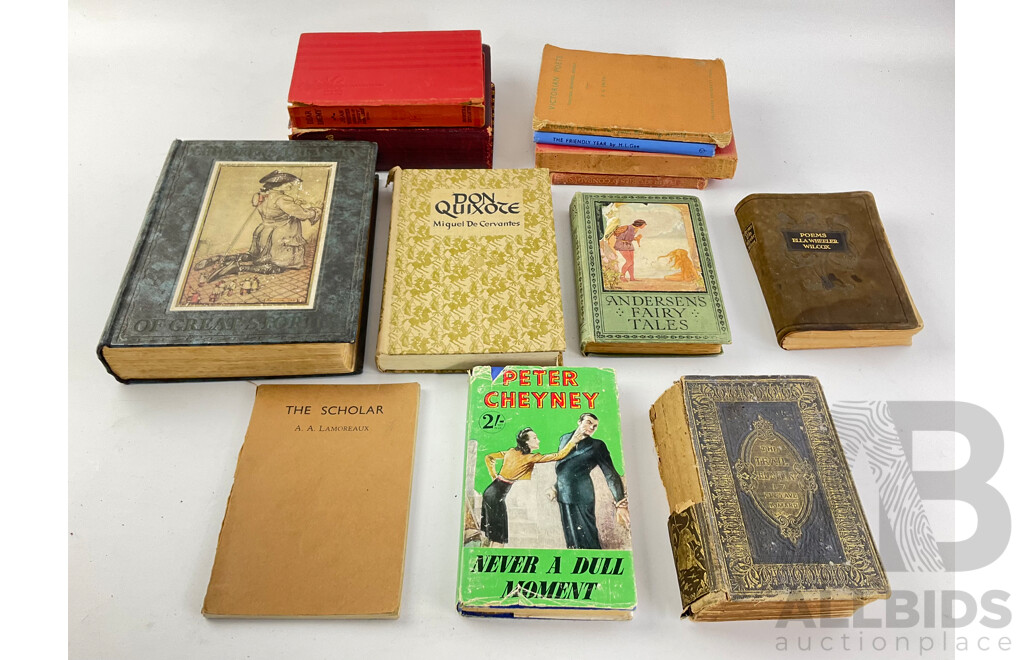 Collection of Antique and Vintage Books Including the Triail Hunter, Gustave Aimrd 1863, Poems Ella Wheeler Wilcox, the Complete Works of William Shakespeare, Don Quixote, Miguel De Cervantes and More