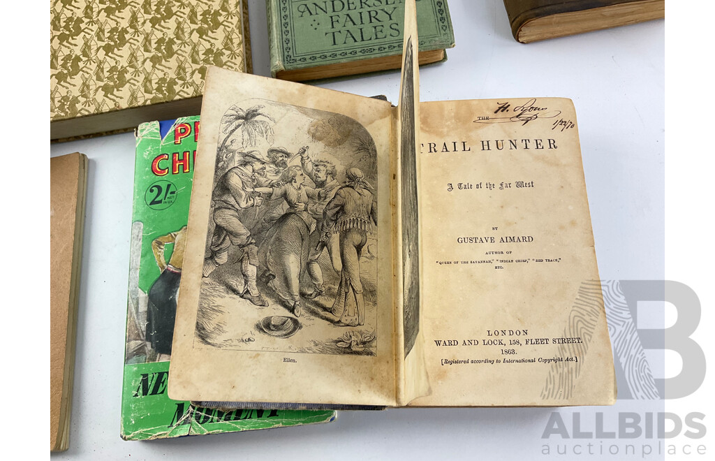 Collection of Antique and Vintage Books Including the Triail Hunter, Gustave Aimrd 1863, Poems Ella Wheeler Wilcox, the Complete Works of William Shakespeare, Don Quixote, Miguel De Cervantes and More