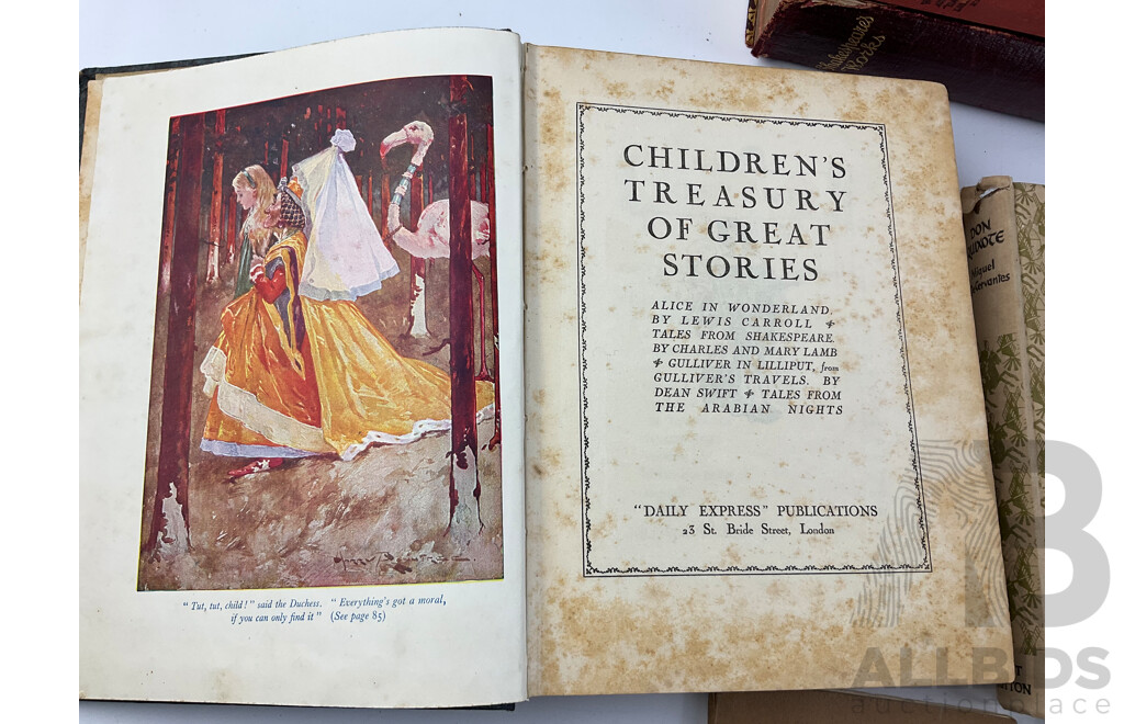 Collection of Antique and Vintage Books Including the Triail Hunter, Gustave Aimrd 1863, Poems Ella Wheeler Wilcox, the Complete Works of William Shakespeare, Don Quixote, Miguel De Cervantes and More