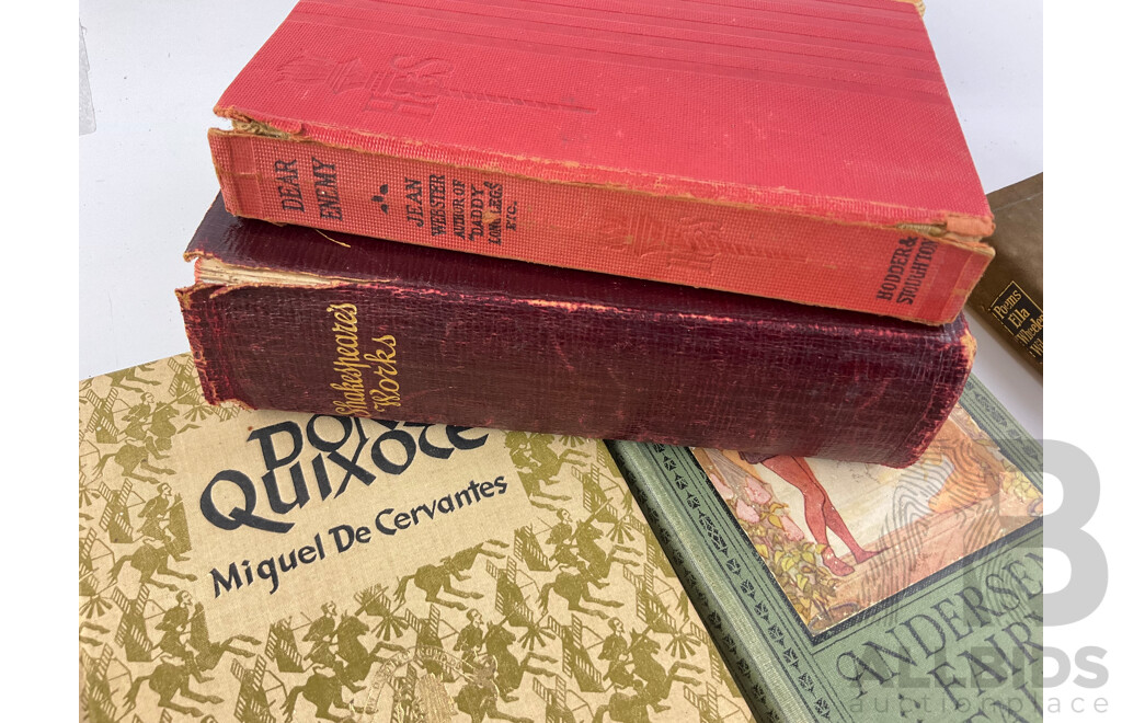 Collection of Antique and Vintage Books Including the Triail Hunter, Gustave Aimrd 1863, Poems Ella Wheeler Wilcox, the Complete Works of William Shakespeare, Don Quixote, Miguel De Cervantes and More