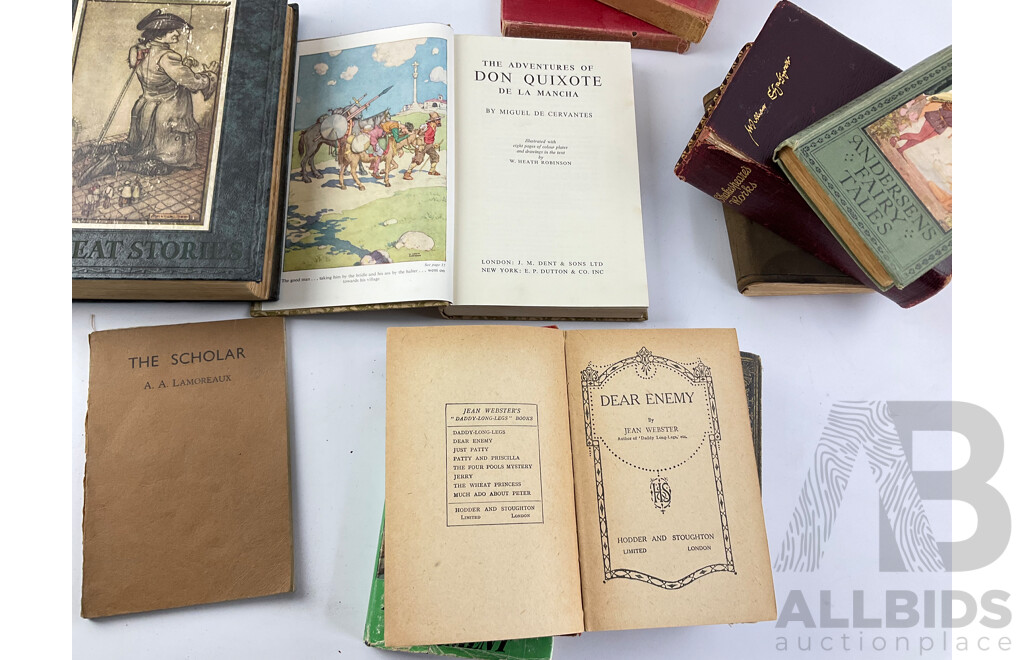 Collection of Antique and Vintage Books Including the Triail Hunter, Gustave Aimrd 1863, Poems Ella Wheeler Wilcox, the Complete Works of William Shakespeare, Don Quixote, Miguel De Cervantes and More