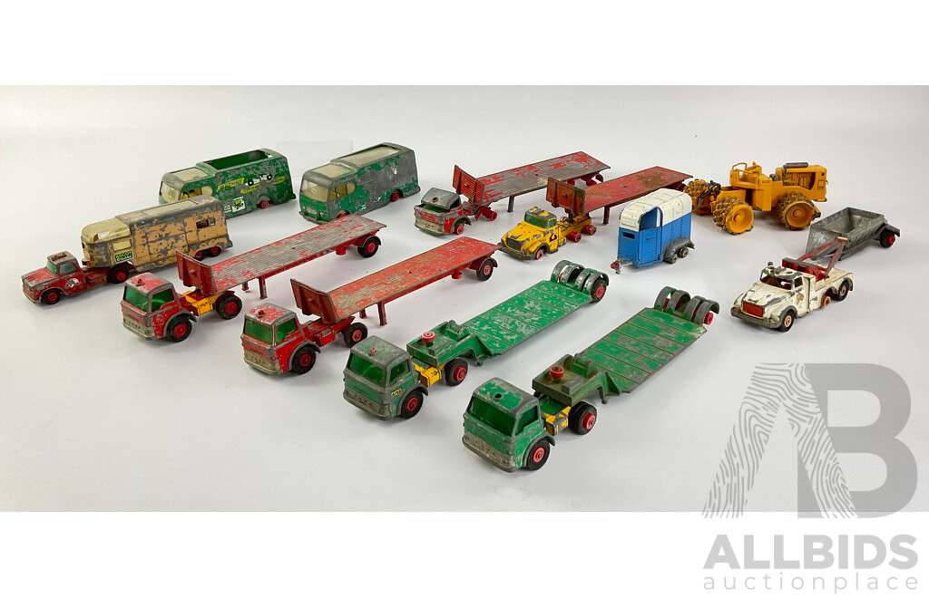 Collection of Vintage Diecast Matchbox Trucks and Vans Including Ascot Stables and Laing