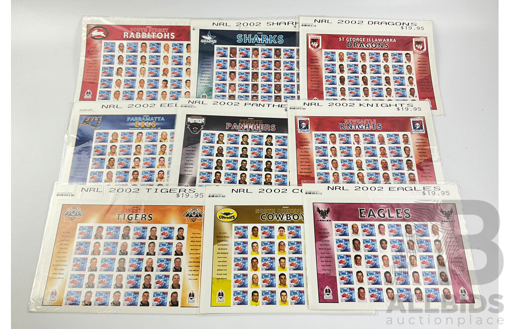 Nine Australian 2002 NRL Team Stamp Sheets Including Eels, Dragons, Sharks, Panthers, Rabbitohs, Knights, Tigers, Eagles, Cowboys