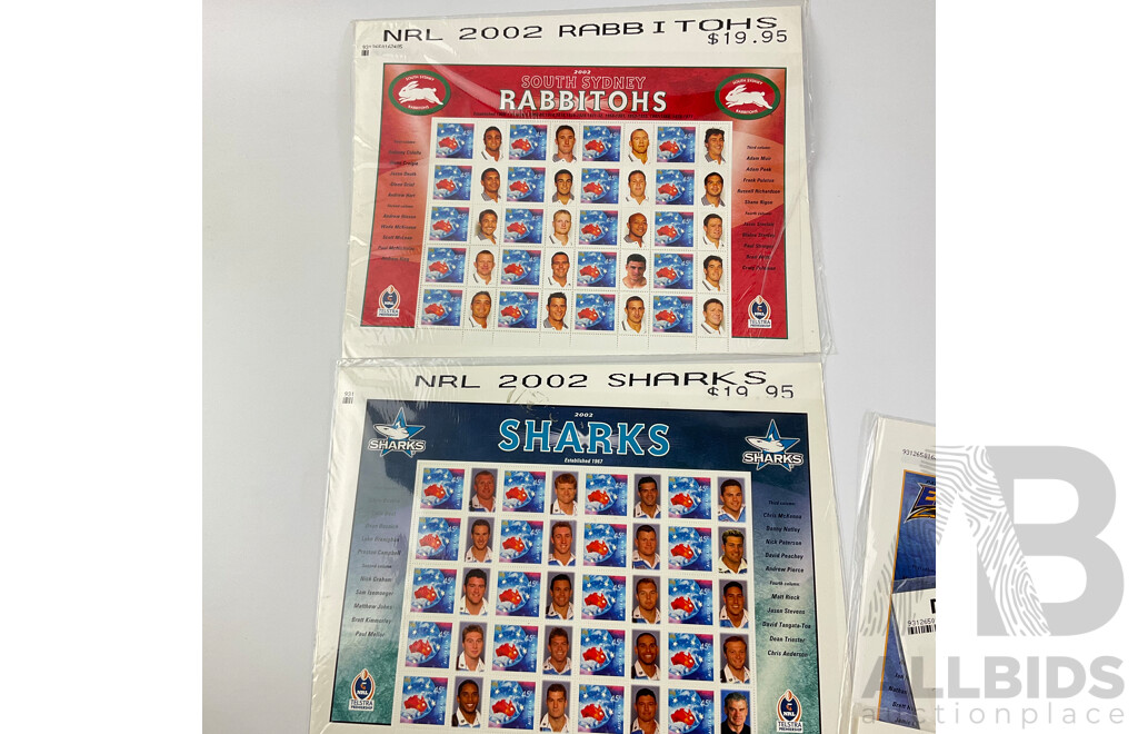 Nine Australian 2002 NRL Team Stamp Sheets Including Eels, Dragons, Sharks, Panthers, Rabbitohs, Knights, Tigers, Eagles, Cowboys