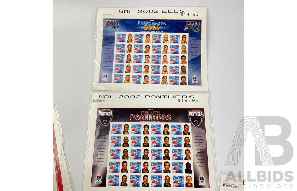 Nine Australian 2002 NRL Team Stamp Sheets Including Eels, Dragons, Sharks, Panthers, Rabbitohs, Knights, Tigers, Eagles, Cowboys