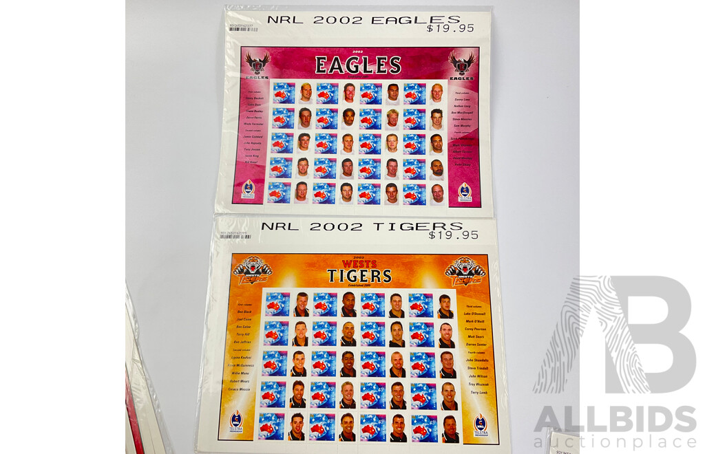 Nine Australian 2002 NRL Team Stamp Sheets Including Eels, Dragons, Sharks, Panthers, Rabbitohs, Knights, Tigers, Eagles, Cowboys