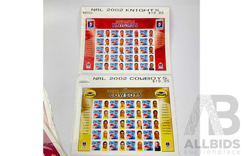 Nine Australian 2002 NRL Team Stamp Sheets Including Eels, Dragons, Sharks, Panthers, Rabbitohs, Knights, Tigers, Eagles, Cowboys