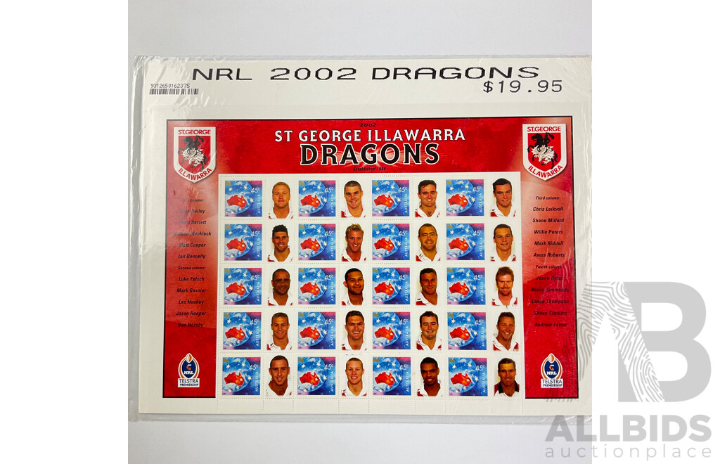 Nine Australian 2002 NRL Team Stamp Sheets Including Eels, Dragons, Sharks, Panthers, Rabbitohs, Knights, Tigers, Eagles, Cowboys