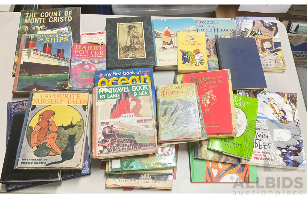 Collection of Vintage and Contemporary Children's Books Including Dragon and Wizard Themes, the Authoritative Calvin & Hobbs, the Enchanted Places, Christopher Milne, the Pirate Omnibus, and More