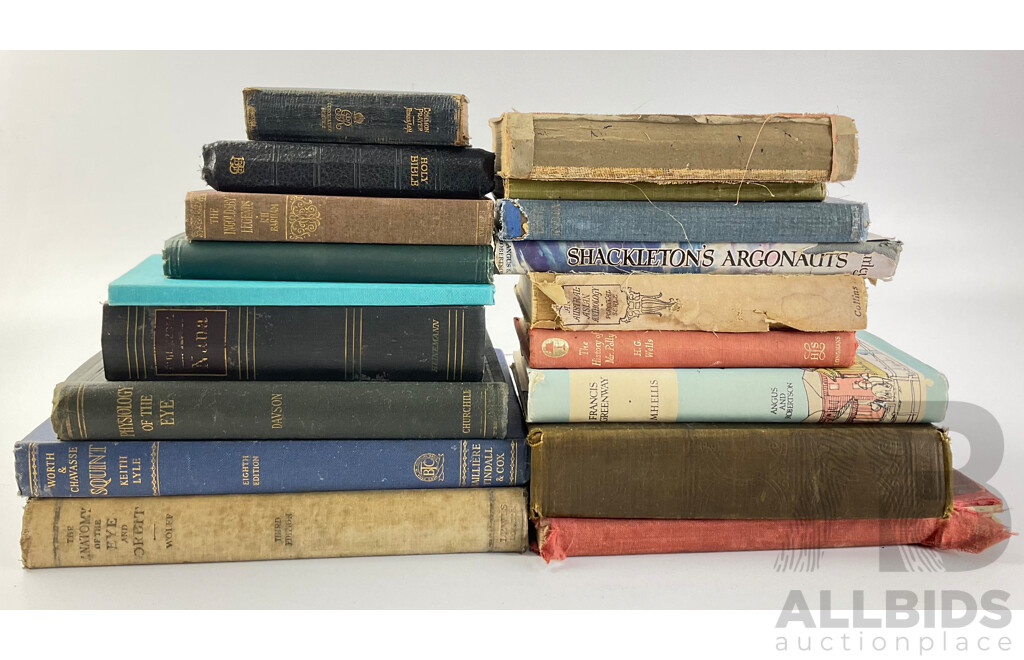 Collection of Antique and Vintage Books Including Shackleton's Argonults, of Human Bondage, W. Somerset Maugham, the Etiquette of Australia, Theososia Ada Wallace, Here Comes the Bailiff, D Cheesbrough, Confessions of an Apostate , J Sadlier......