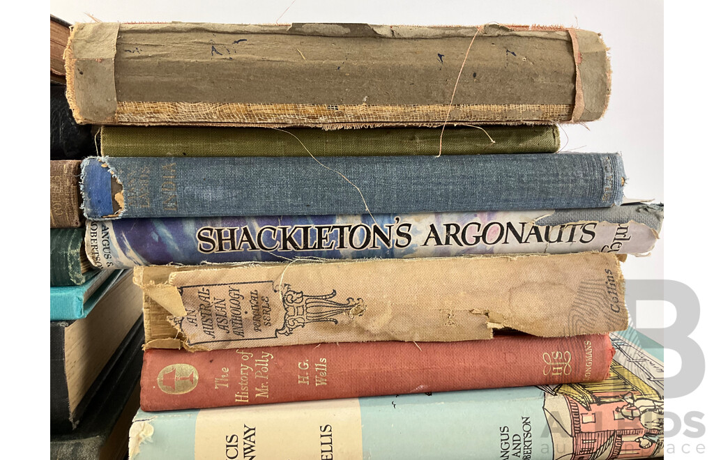 Collection of Antique and Vintage Books Including Shackleton's Argonults, of Human Bondage, W. Somerset Maugham, the Etiquette of Australia, Theososia Ada Wallace, Here Comes the Bailiff, D Cheesbrough, Confessions of an Apostate , J Sadlier......