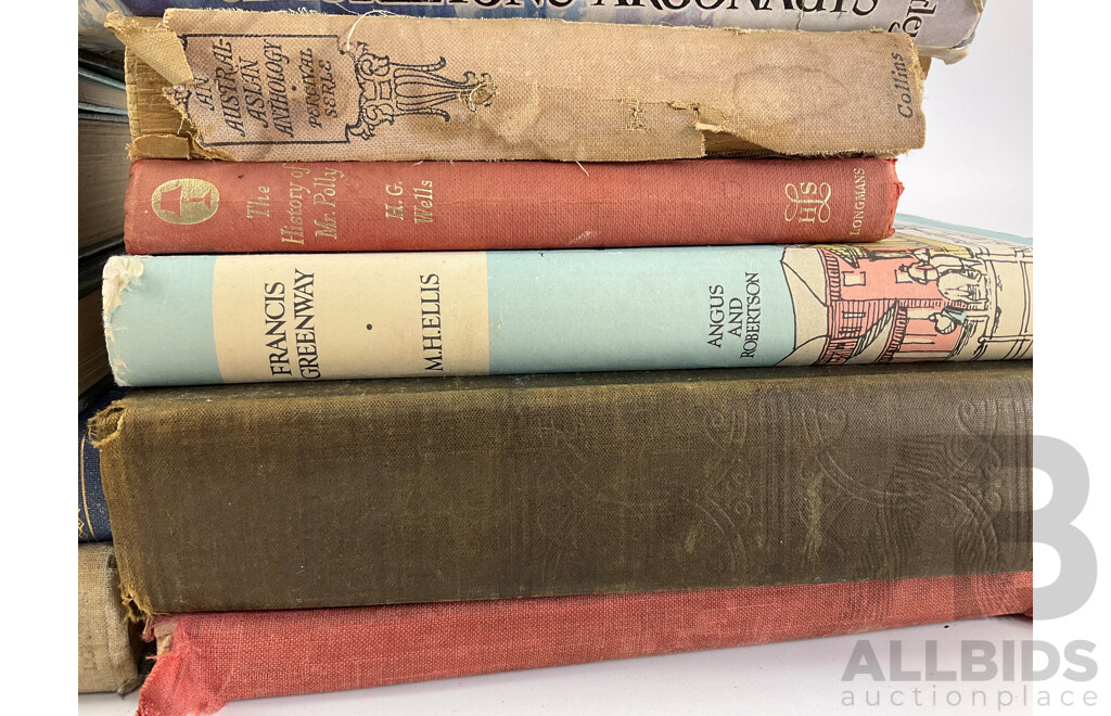 Collection of Antique and Vintage Books Including Shackleton's Argonults, of Human Bondage, W. Somerset Maugham, the Etiquette of Australia, Theososia Ada Wallace, Here Comes the Bailiff, D Cheesbrough, Confessions of an Apostate , J Sadlier......