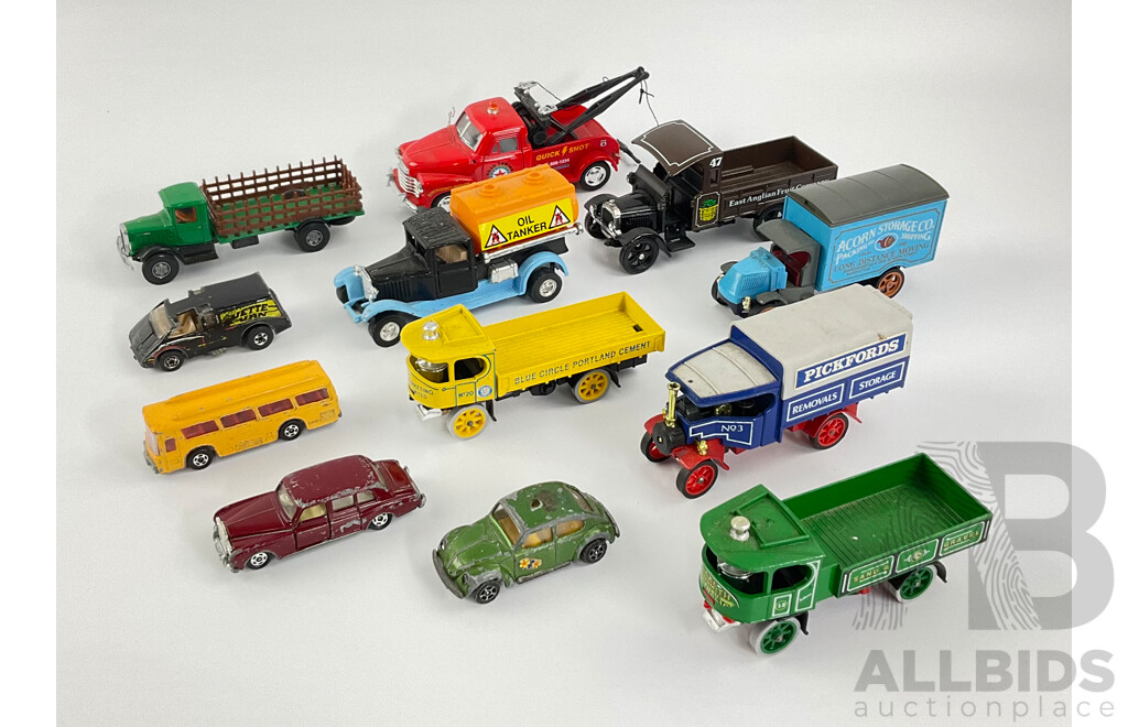 Vintage Diecast Vehicles Including Matchbox Models of Yesteryear Trucks, Corgi Volkswagen and Truck, Tomica Bus and Rolls Royce