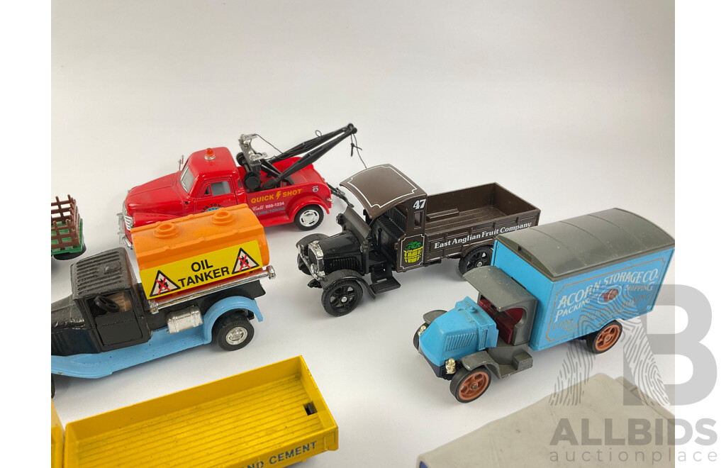 Vintage Diecast Vehicles Including Matchbox Models of Yesteryear Trucks, Corgi Volkswagen and Truck, Tomica Bus and Rolls Royce