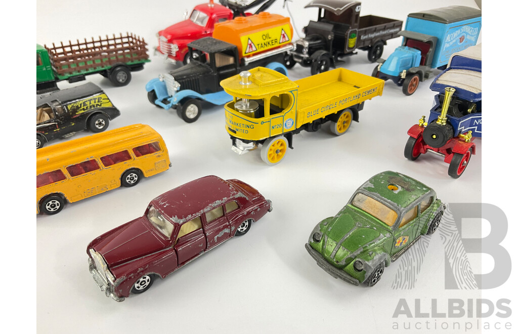 Vintage Diecast Vehicles Including Matchbox Models of Yesteryear Trucks, Corgi Volkswagen and Truck, Tomica Bus and Rolls Royce