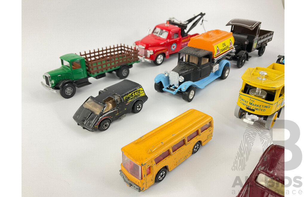 Vintage Diecast Vehicles Including Matchbox Models of Yesteryear Trucks, Corgi Volkswagen and Truck, Tomica Bus and Rolls Royce