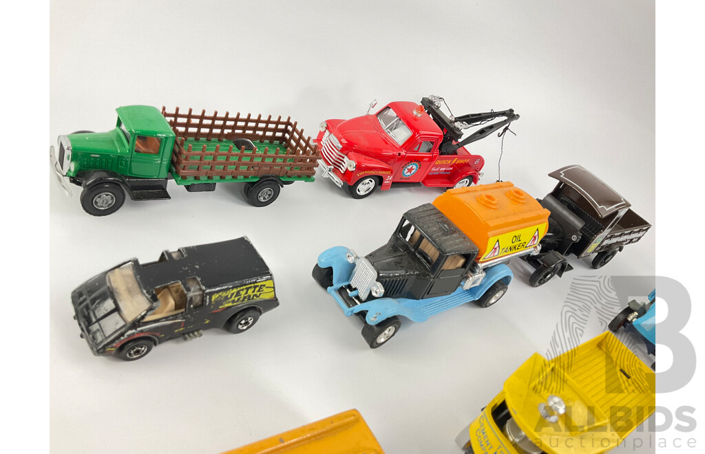 Vintage Diecast Vehicles Including Matchbox Models of Yesteryear Trucks, Corgi Volkswagen and Truck, Tomica Bus and Rolls Royce