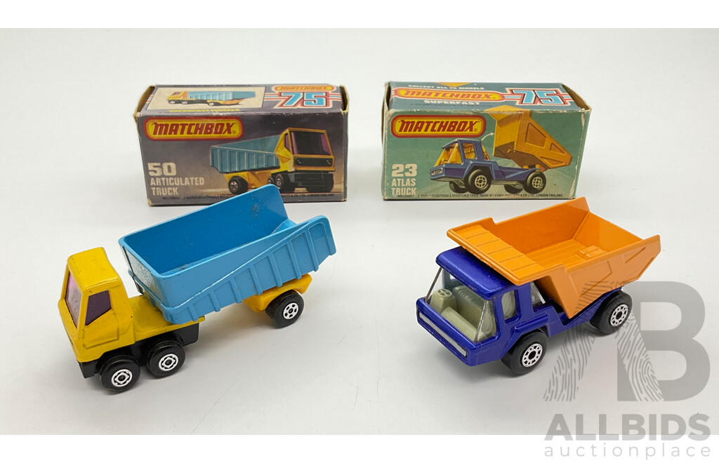 Vintage Diecast Matchbox 75 Series Articulated Truck(50) and Atlas Truck(23), Both with Original Boxes