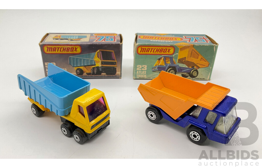 Vintage Diecast Matchbox 75 Series Articulated Truck(50) and Atlas Truck(23), Both with Original Boxes