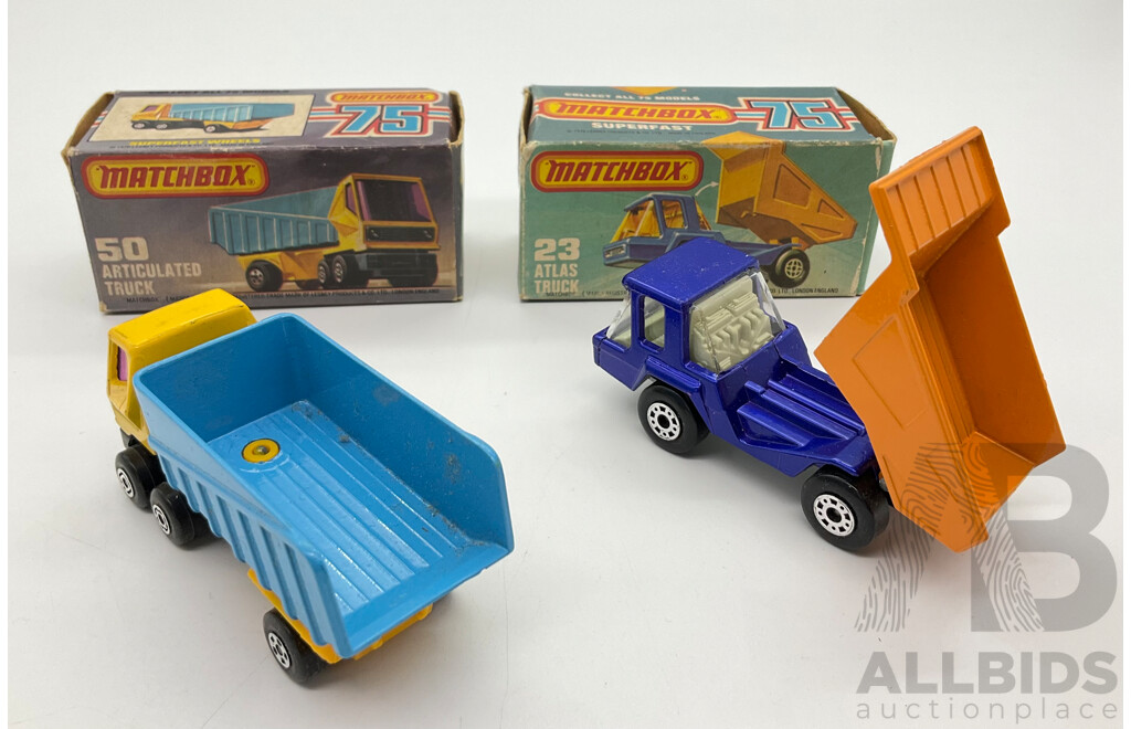 Vintage Diecast Matchbox 75 Series Articulated Truck(50) and Atlas Truck(23), Both with Original Boxes